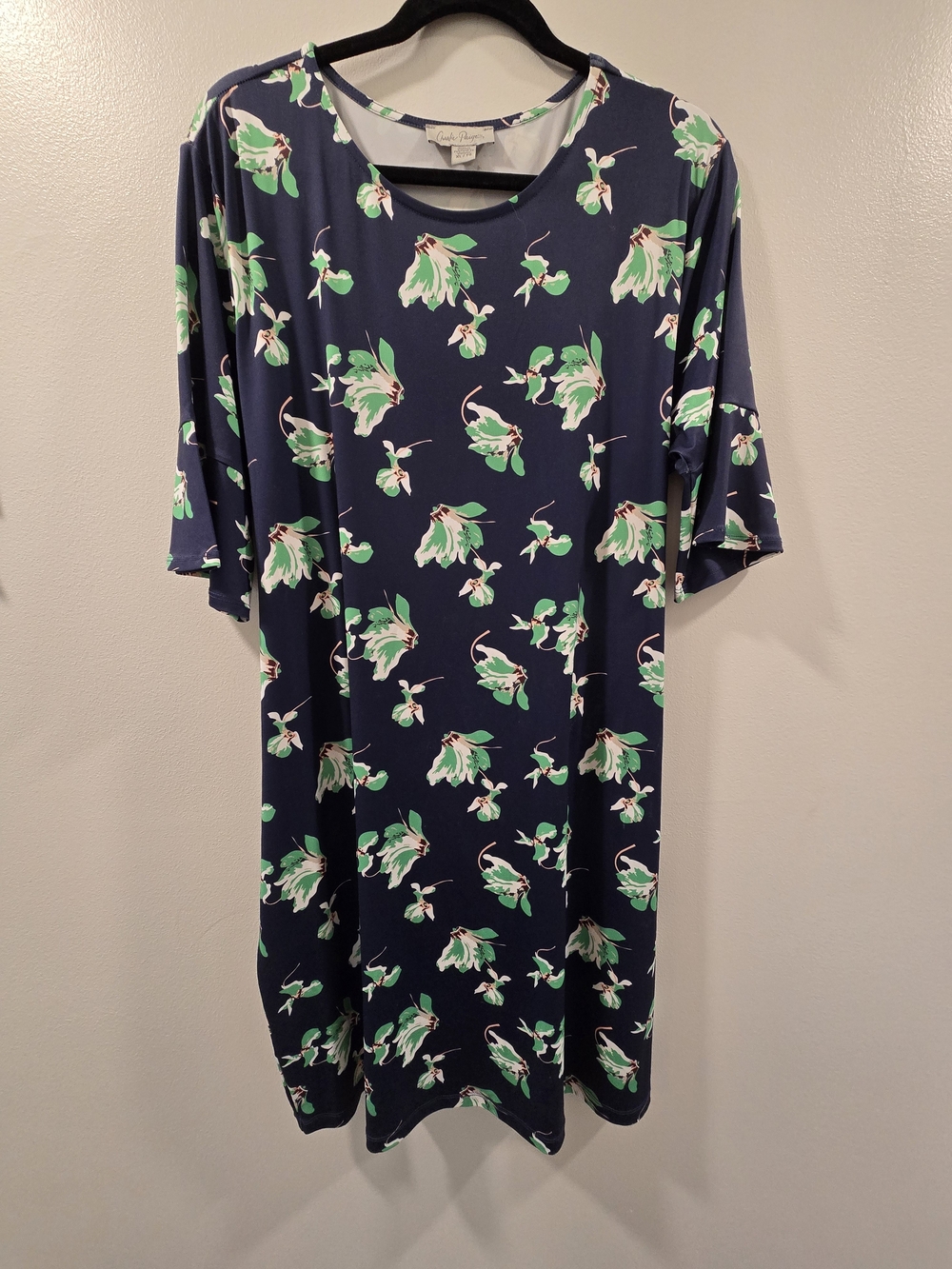 Charlie Paige Navy Floral Midi Dress with Green and White Print